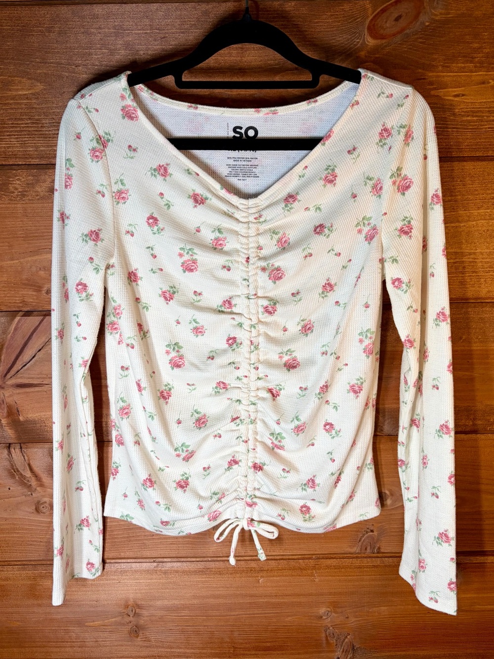 SO Cream Long-Sleeve Floral Ruched Drawstring Top Girl’s Size XL 🌸